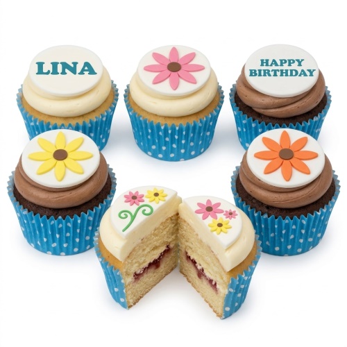Assortment of floral birthday cupcakes with pink, yellow, and orange flowers, and custom messages.
