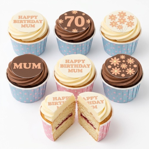 Six cupcakes with cream and chocolate frosting, some with floral toppers and 'Happy Birthday Mum' or 'MUM' messages, and a custom age topper.