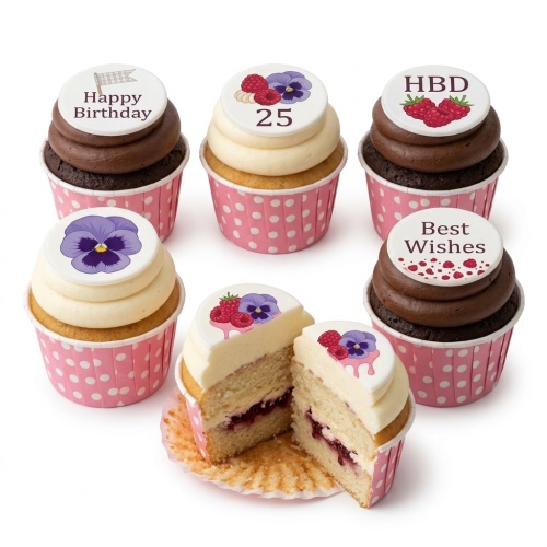 Cupcakes with white and chocolate frosting, pink polka dot cases, and edible toppers featuring pansies, raspberries, and custom messages.