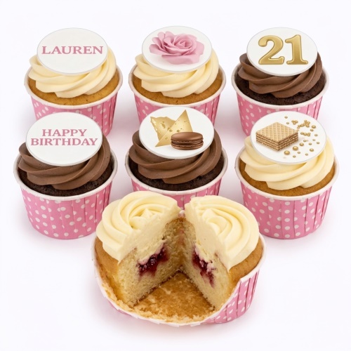 Assorted ladies birthday cupcakes with custom age and personalised name toppers, featuring rose and dessert decorations.