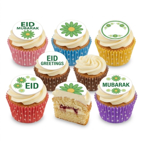 Eid Mubarak cupcakes with green floral toppers and vanilla frosting in colourful cases.