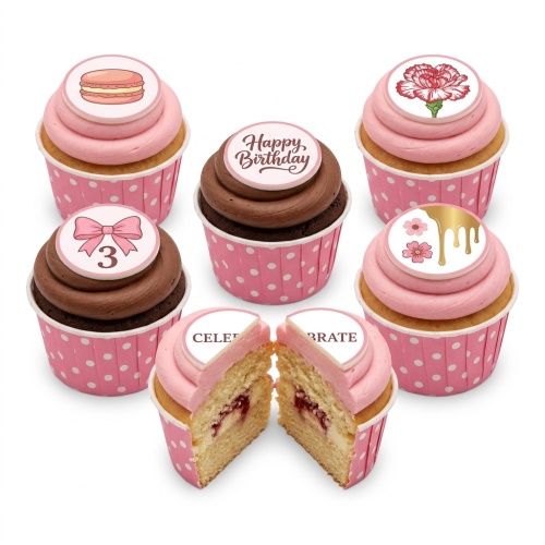 Pink birthday cupcakes with various toppers including "Happy Birthday", macaron, flower, bow with custom age, and gold drip.