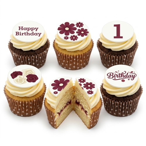 Six cupcakes with white and maroon floral and 'Happy Birthday' toppers, including a custom age '1' example.
