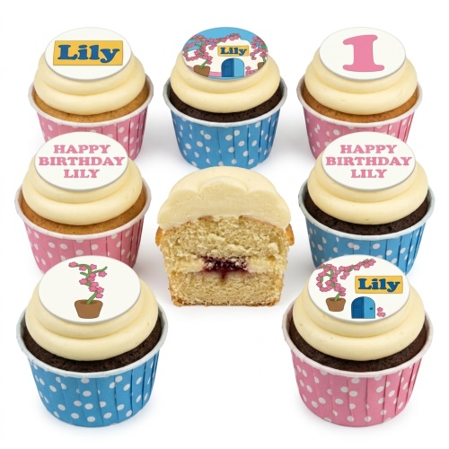 Vanilla and chocolate cupcakes with white frosting, floral, house, and custom age toppers.