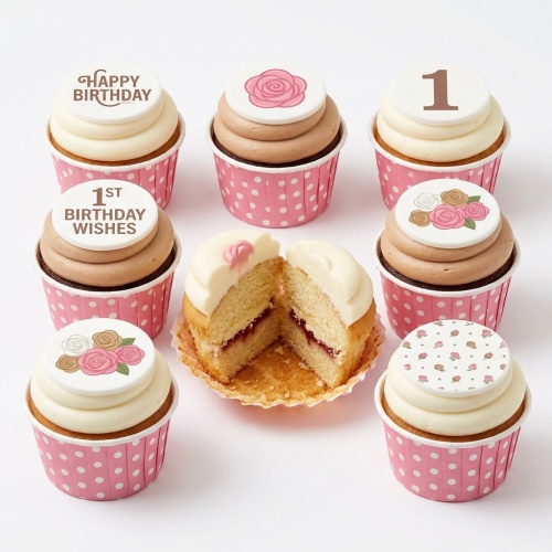Set of 1st birthday cupcakes with pink rose decorations and 'Happy Birthday' and '1st Birthday Wishes' messages.