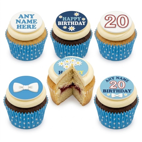Assortment of personalised birthday cupcakes with custom age '20', name, 'Happy Birthday' messages, bow ties, and daisy decorations.