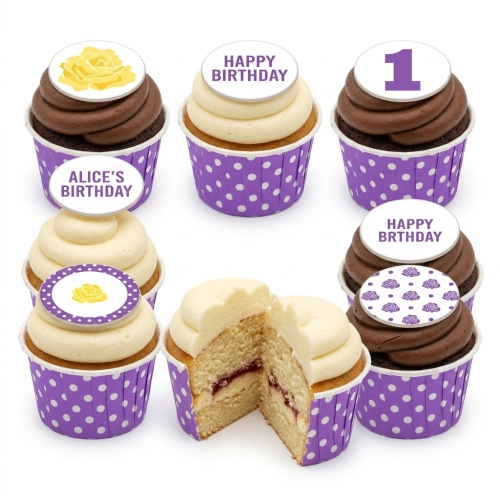 Selection of floral birthday cupcakes with purple polka dot wrappers, yellow rose, purple rose pattern, and custom age '1' toppers.