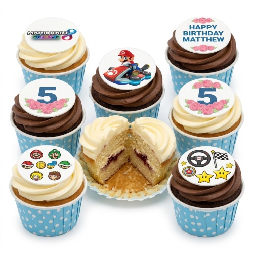 Mario Kart themed cupcakes with character toppers, custom age, and personalised message.