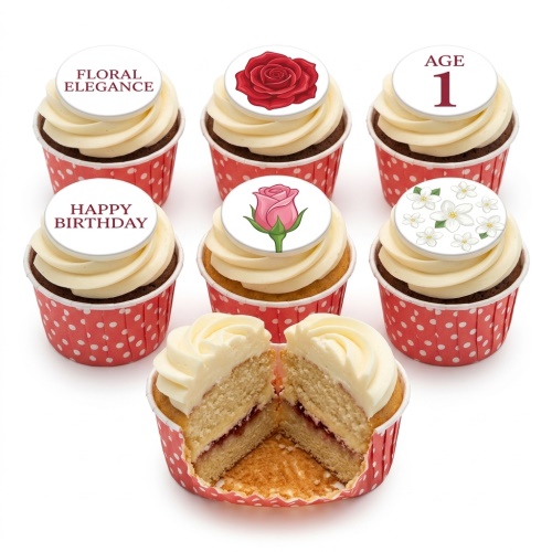 Six cream-frosted cupcakes in red polka dot wrappers with floral and birthday message toppers.