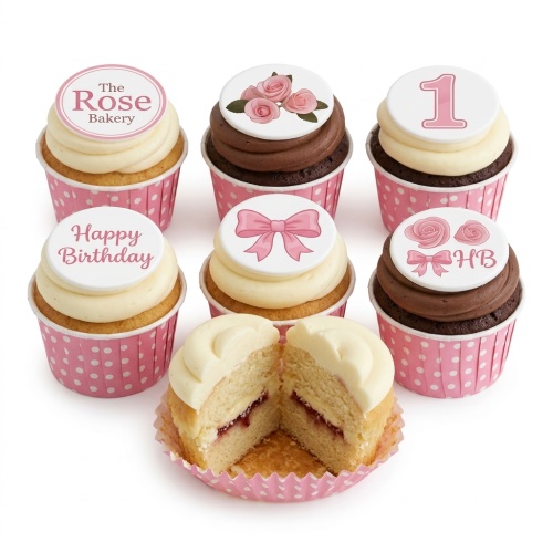 Pink and white cupcakes with rose and bow toppers, featuring custom age and birthday messages.