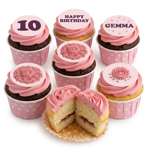 Pink floral rose birthday cupcakes with custom age and name toppers.
