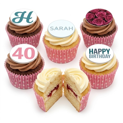 Assortment of floral and personalised birthday cupcakes with custom age and name toppers.