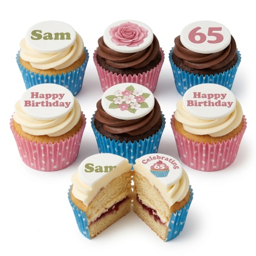 Assortment of vanilla and chocolate cupcakes with white frosting and edible floral, 'Happy Birthday', 'Sam' and '65' toppers.