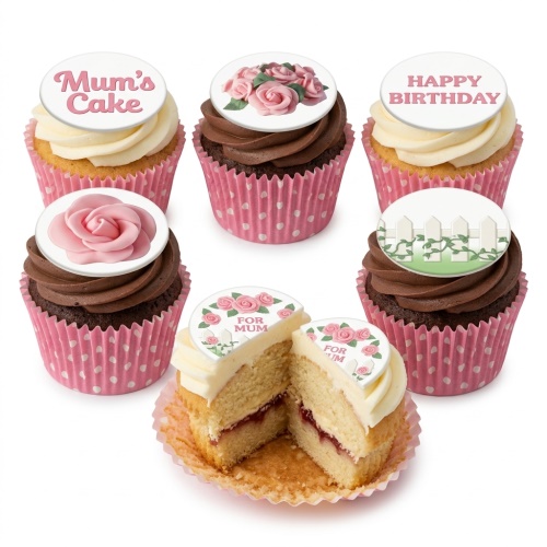 Assortment of floral birthday cupcakes with pink roses, garden fence, and custom message toppers.