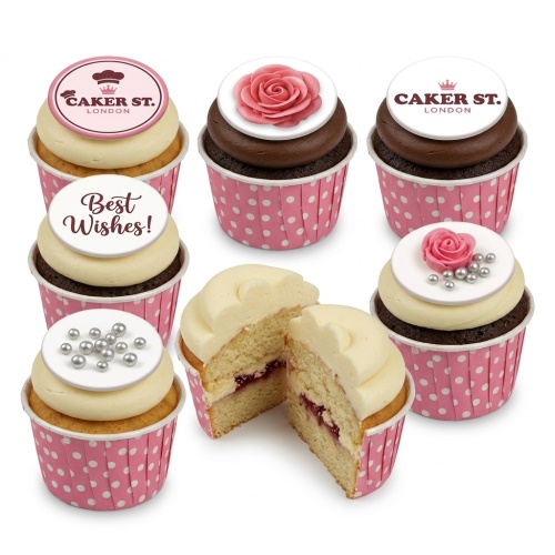 Elegant cupcakes with pink sugar roses, silver pearls, and "Best Wishes!" message toppers in pink polka dot cases.
