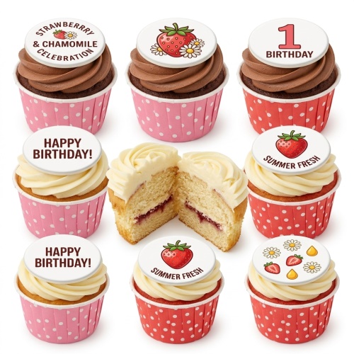 Strawberry and chamomile themed birthday cupcakes with "Happy Birthday" and "1 Birthday" toppers.