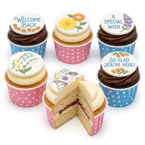 Six cupcakes with floral and celebration message toppers, in pink and blue polka dot cases.