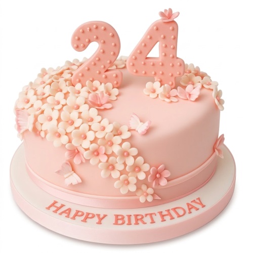 Pink birthday cake with cascading flowers, butterflies, and a custom age topper.