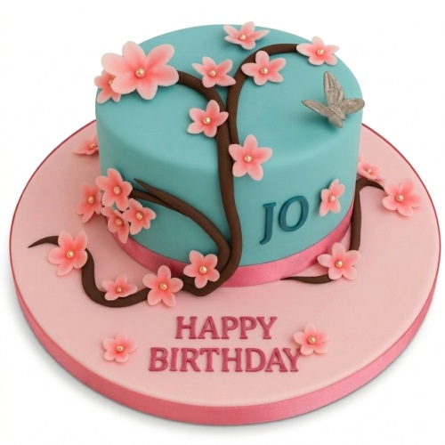 Round light blue fondant cake with pink sugar flowers, brown branches, and a silver butterfly.
