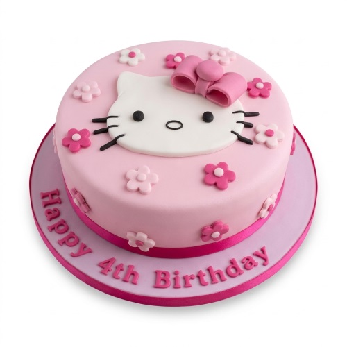 Round pink Hello Kitty birthday cake with a pink bow and scattered pink and white flowers.