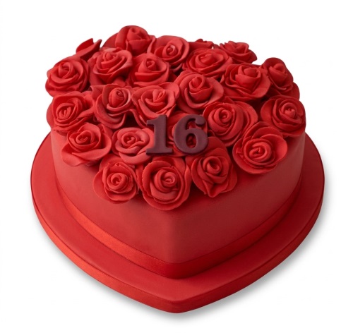 Red heart-shaped birthday cake with red fondant roses and custom age topper.