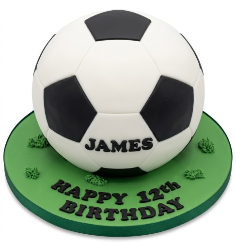 3D football shaped birthday cake on a green board with grass details, ready for custom name and age.