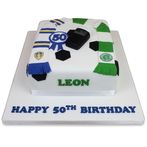 Rectangular white football theme birthday cake with team scarves, a pint glass, and a custom age topper.