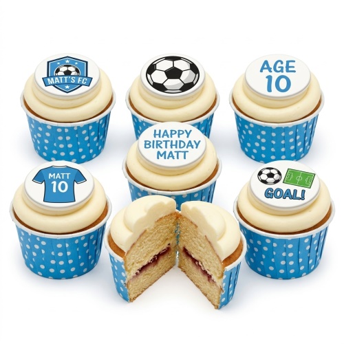 Football themed birthday cupcakes with custom age and personalised name toppers in blue wrappers.