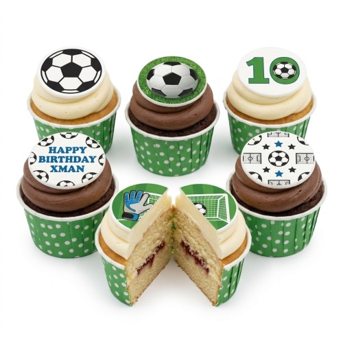 Six football themed cupcakes with edible toppers, including footballs, goal, glove, and custom age/message examples.