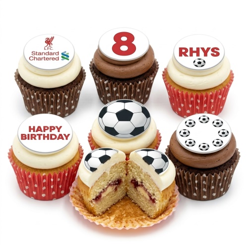 Selection of football themed birthday cupcakes with white and chocolate frosting, featuring custom age, name, and football toppers.