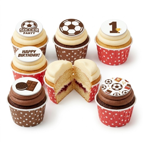 A selection of football-themed birthday cupcakes with various toppers including footballs, 'Soccer Party', 'Happy Birthday!', and a number '1' with a trophy.