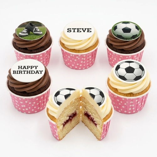 A selection of football-themed birthday cupcakes with edible football and boot toppers, some with personalised messages.