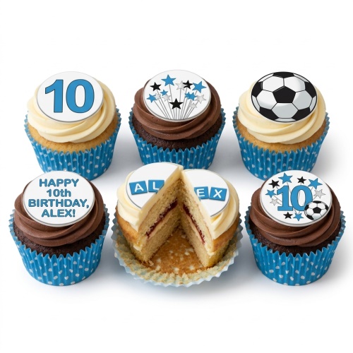 A set of football and star themed cupcakes with custom age and personalised message toppers, in blue and white wrappers.
