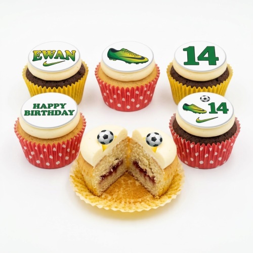 Football theme birthday cupcakes with green and yellow edible toppers, featuring football boots, balls, and custom age/name options.