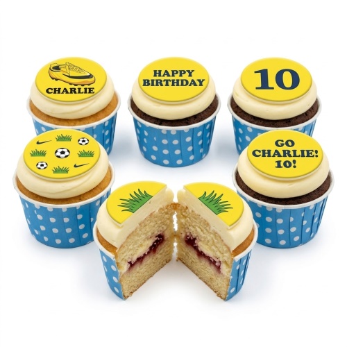 Six football themed cupcakes with yellow edible toppers, featuring football boots, balls, grass, and customisable messages.
