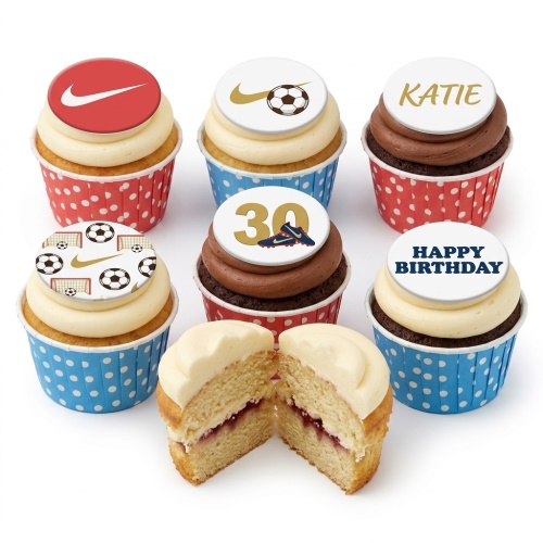Assortment of football themed birthday cupcakes with Nike swoosh, footballs, boots, custom age, and message toppers.