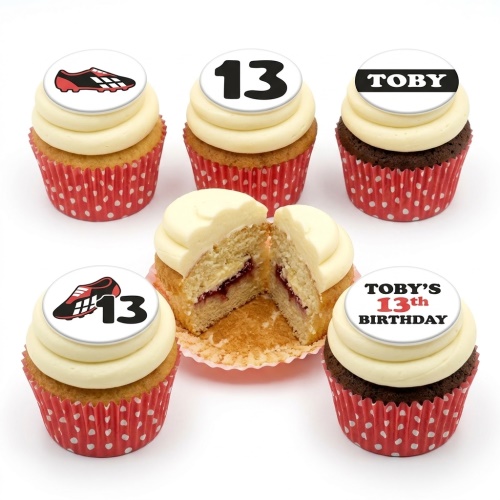 Vanilla and chocolate cupcakes with white frosting, red polka dot cases, and edible football boot, age 13, and personalised name toppers.