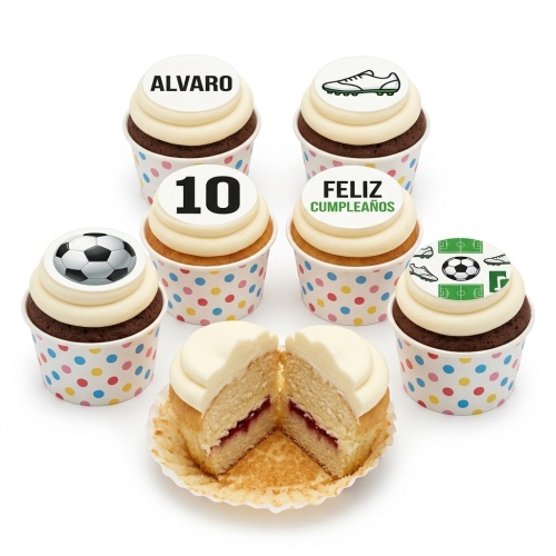 Assortment of football-themed birthday cupcakes with custom age and name toppers.