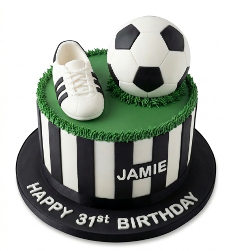 Round single-tier football theme birthday cake with edible football and boot on a green top, and black and white striped sides.