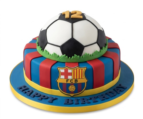 Two-tiered FC Barcelona football birthday cake with blue and red stripes, club crest, and a gold custom age topper.