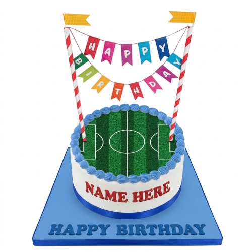 Round white birthday cake with a green football pitch top, "Happy Birthday" banner, and space for a custom name.
