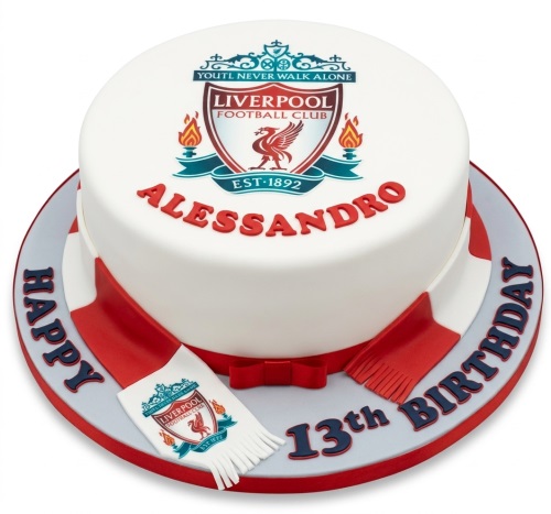 White round cake with Liverpool Football Club crest, red and white scarf, and custom message.
