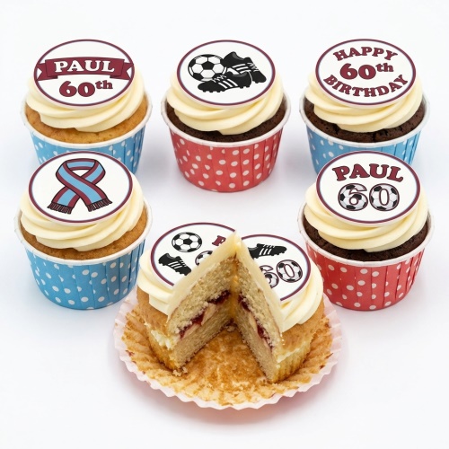 Football themed birthday cupcakes with edible toppers featuring footballs, boots, and a scarf, with custom age and name options.