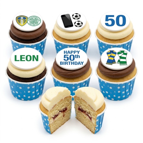Cupcakes with football team badges, footballs, scarves, and custom age/name toppers.