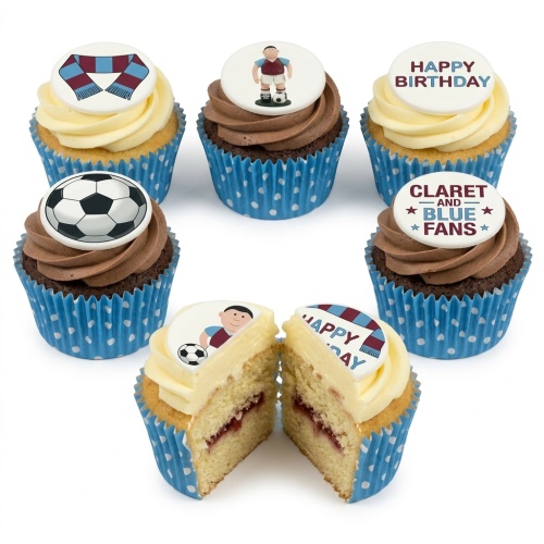 Selection of claret and blue football themed cupcakes with edible toppers including a scarf, a player, a football, and 'Happy Birthday' text.