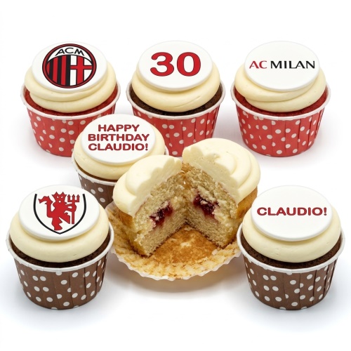 Football themed birthday cupcakes with club logos, custom age topper, and personalised message examples.