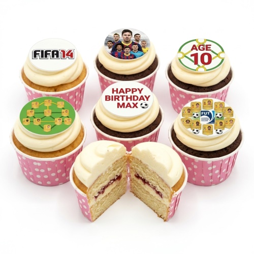 Football themed birthday cupcakes with FIFA game logos, player images, and custom age and name toppers.