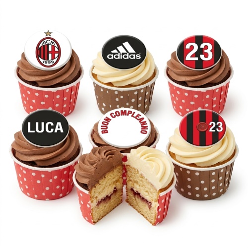 Assorted AC Milan themed birthday cupcakes with chocolate and vanilla frosting, featuring custom age and name toppers.