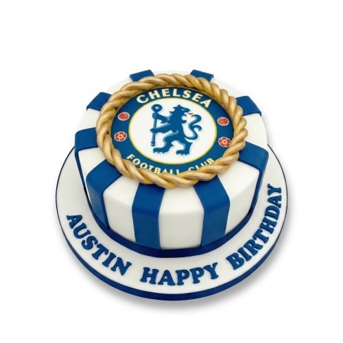 Two-tier Chelsea FC football birthday cake with blue and white stripes and custom message.