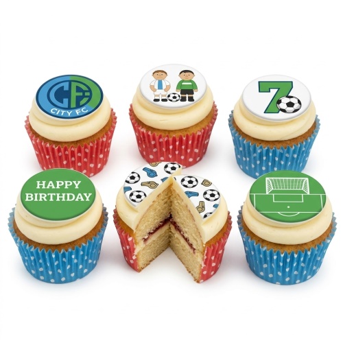 A selection of football-themed birthday cupcakes with various edible toppers including football players, a football pitch, footballs, and a 'Happy Birthday' message.